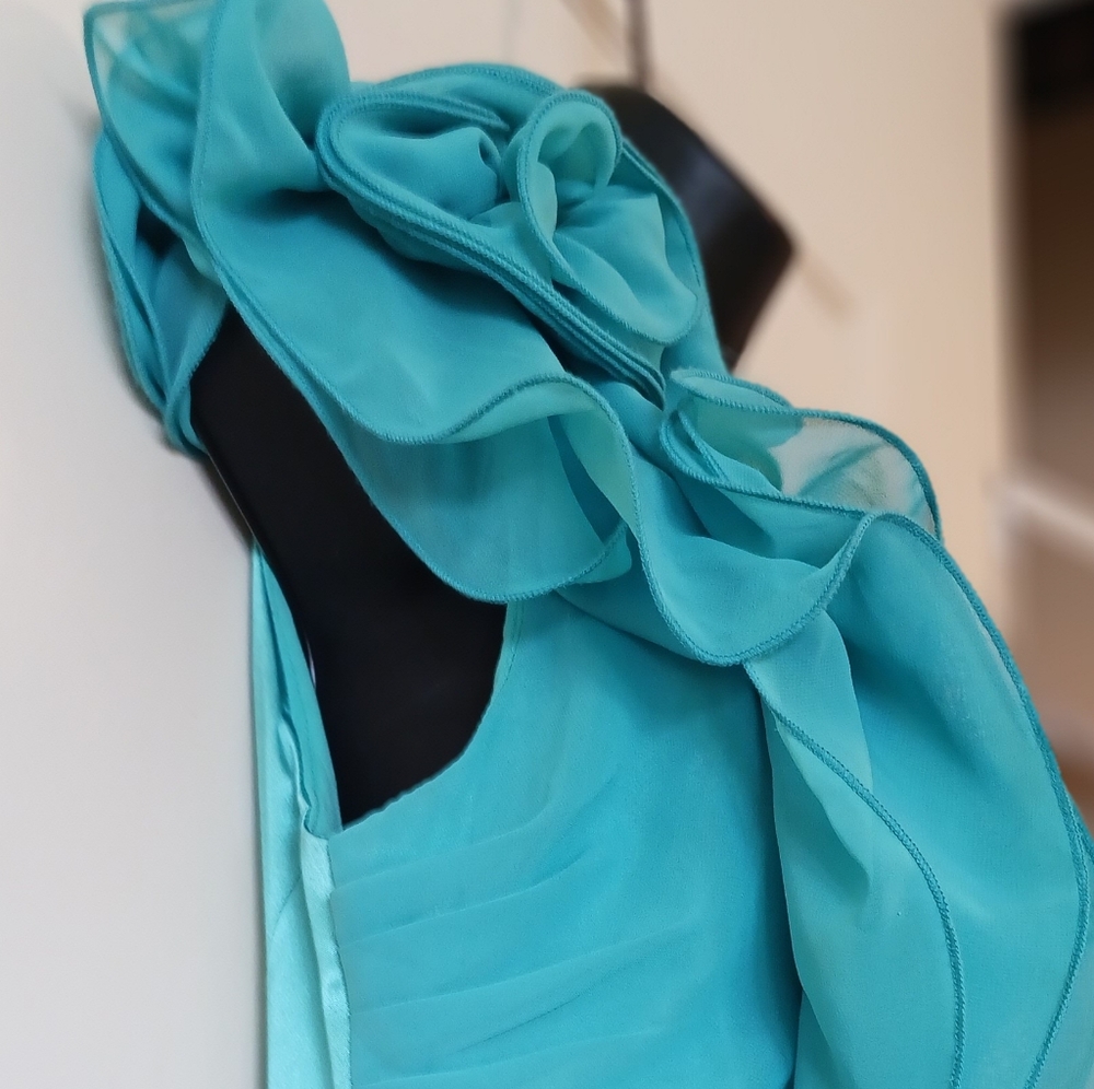 B.DARLIN evening short dress original 90's chiffon and Satin aqua blue sz. S-M - Picture 4 of 10
